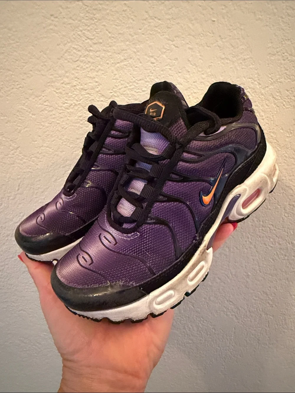 Nike Purple and Black Air Max Plus TN with Orange Swoosh